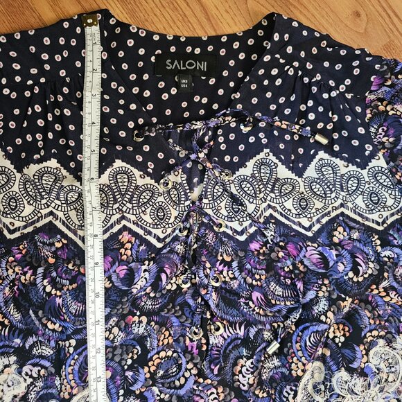 Saloni 100% Silk 3/4 Sleeves Lace Up Plunge Boho Tunic Mini Dress, US 4 - Picture 6 of 9